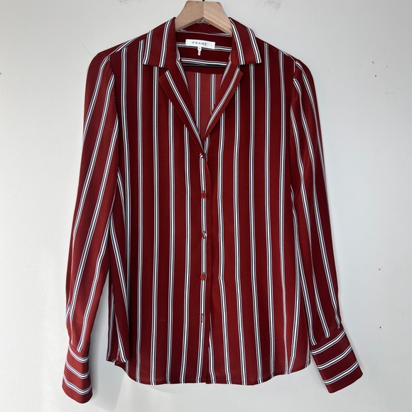 The Standard Stripe Silk Button-Up Shirt in Burnt Henna Multi Size XS - Picture 12 of 12